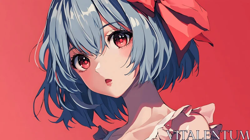 Anime portrait with blue hair and red bow on coral background.