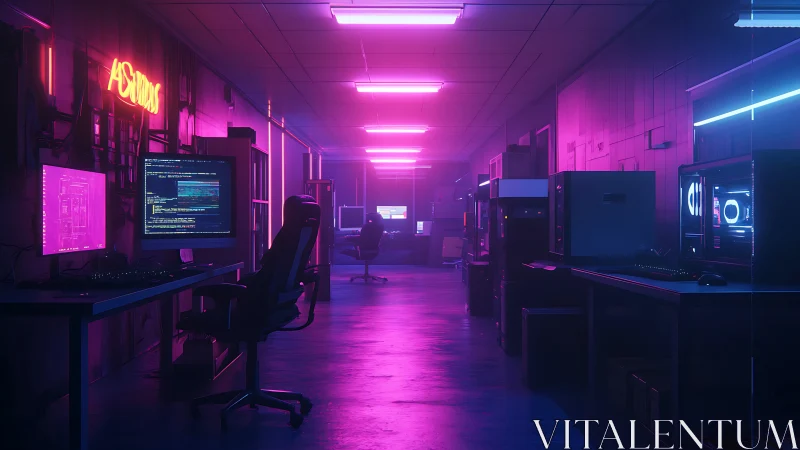 Neon-lit cyber lab renders immersive dual-perspective workspace