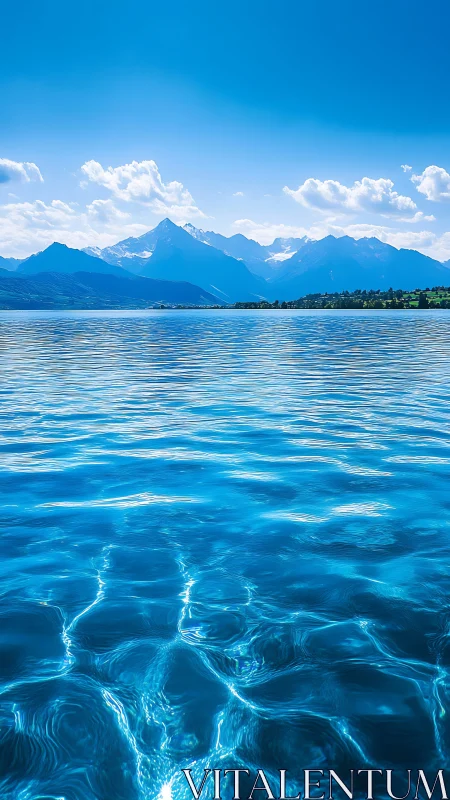 Mountain lake with rippled surface under clear blue sky.
