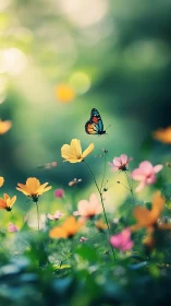 Shallow-depth butterfly hovers above wildflowers in backlit bokeh field