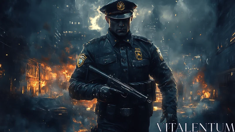 Armed city police officer advances through burning streets at night