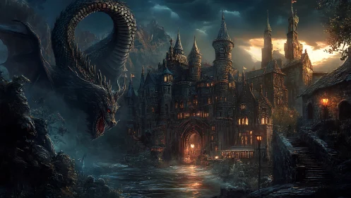 Dark dragon confronting fortified riverside stone castle at dusk.