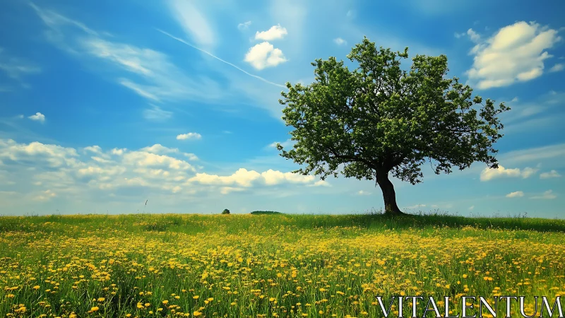 Isolated deciduous tree on wildflower meadow under stratocumulus sky.