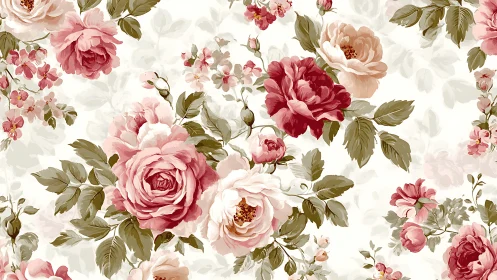 Pink and Cream Roses on White Background Floral Pattern.