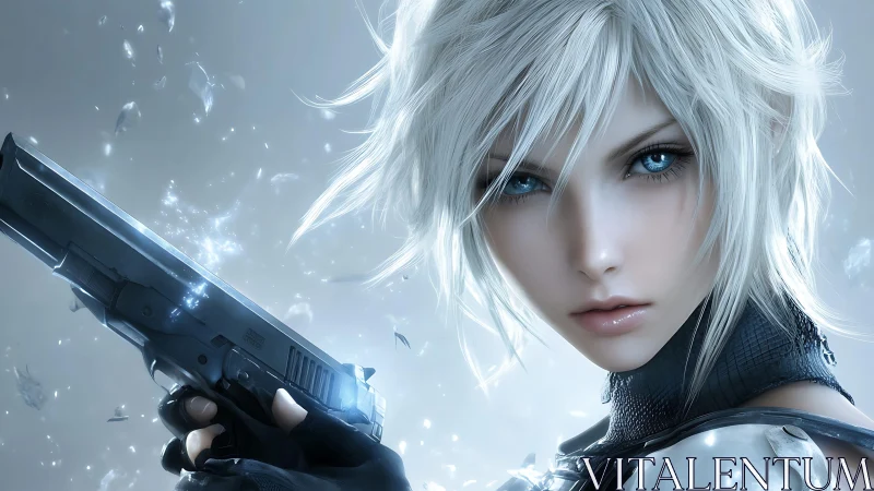 Cybernetic markswoman with crystalline particles in stasis.