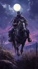 Lone cowboy rides under full moonlit frontier sky.
