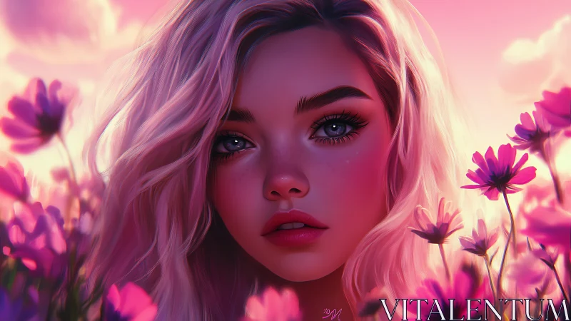 Digital portrait of young woman in pink flower field.