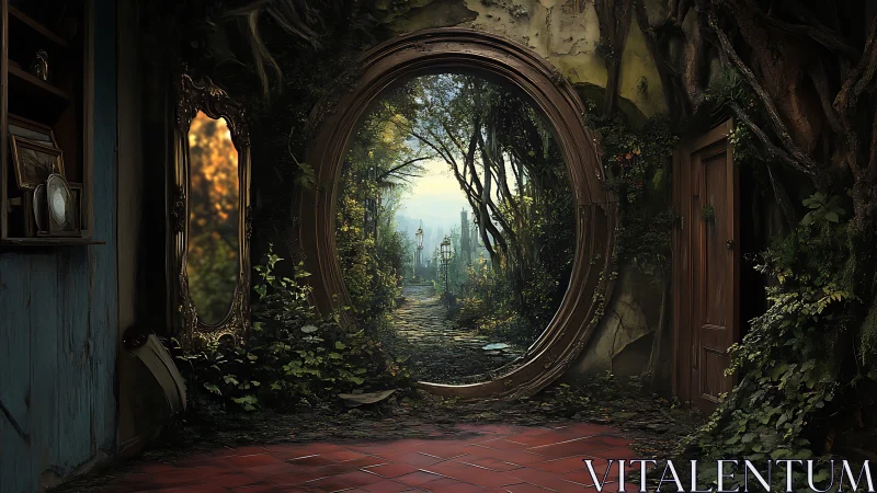 Circular forest portal opening onto misty garden path.