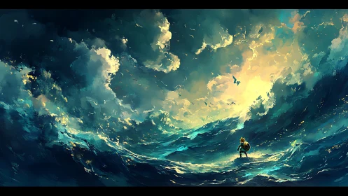 Small hero facing a glowing stormy sea of courage.