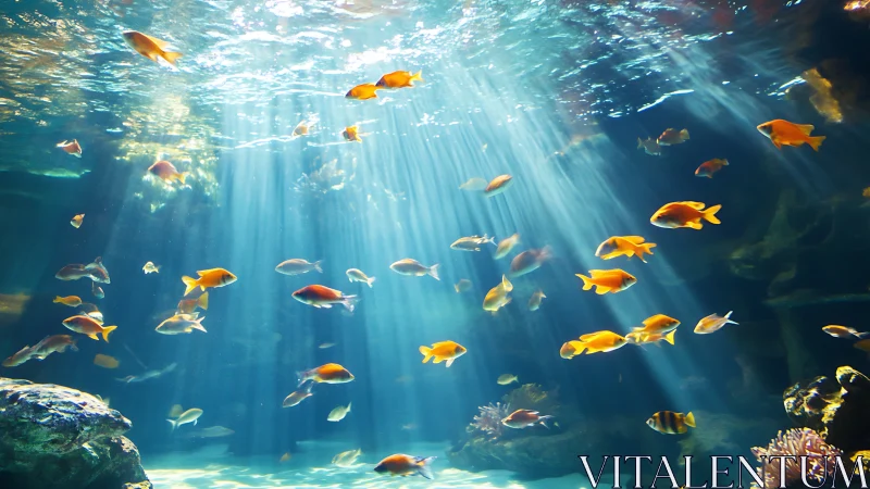 Sunlit tropical fish school under volumetric caustic light rays