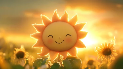 Smiling kawaii sun glows over dreamy sunflower field.