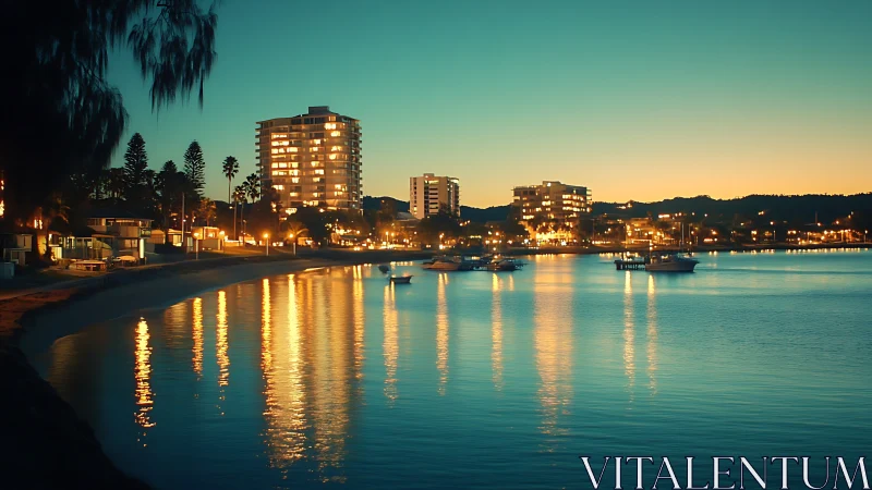 Coastal city waterfront at dusk with lit high rise buildings.