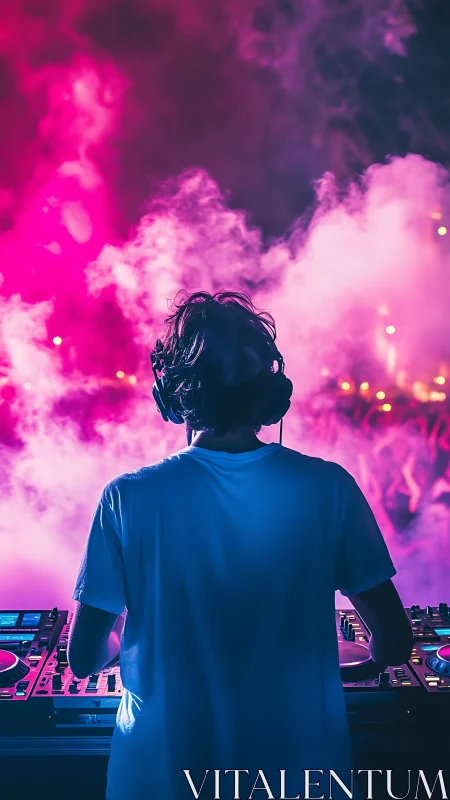DJ performs on stage bathed in neon pink and blue lights