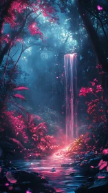 Dreamlit waterfall glowing through a neon twilight forest.