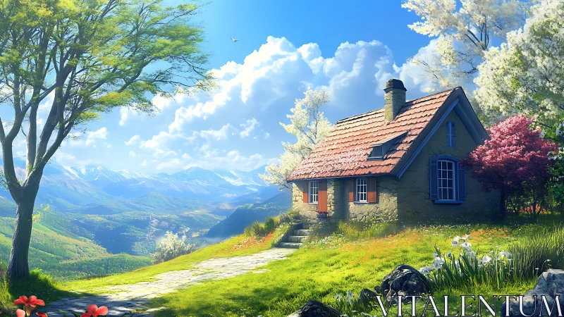 Stone cottage beside path in bright mountain valley landscape.