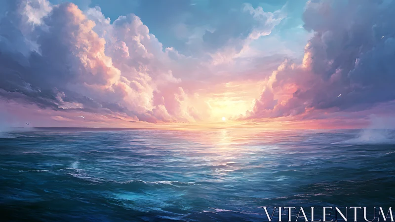 Sunlit ocean horizon under radiant pastel storm clouds.