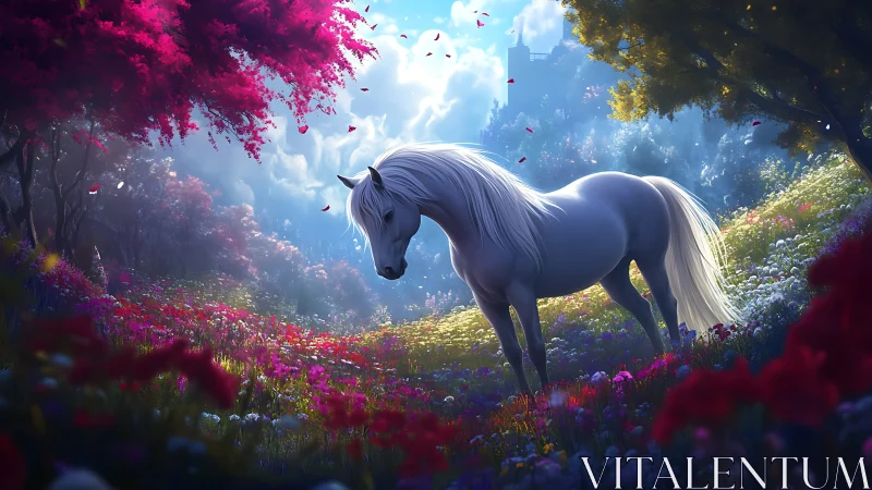 Moonlit meadow stallion pausing in a painted dreamscape.