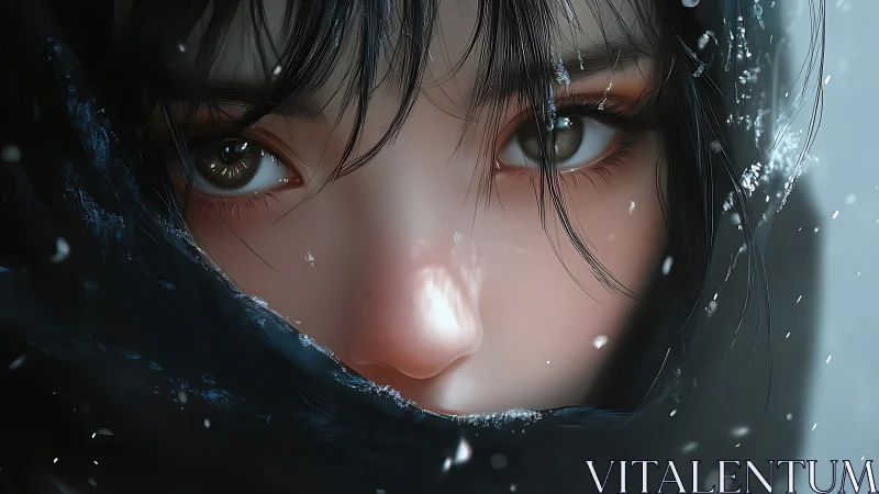 Snow-kissed gaze emerges from a dark winter hood in silence