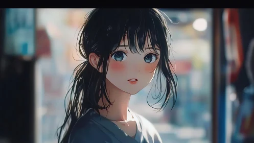 Soft-lit anime girl gazes quietly in a blurred city evening