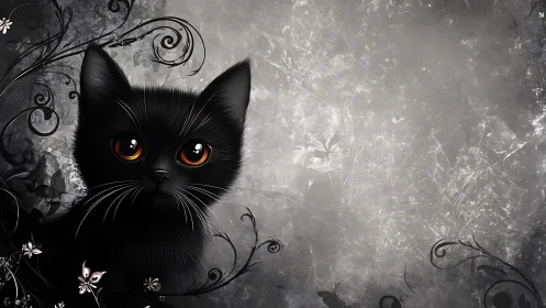 Black Cat with Glowing Eyes Amid Ornate Flourishes.