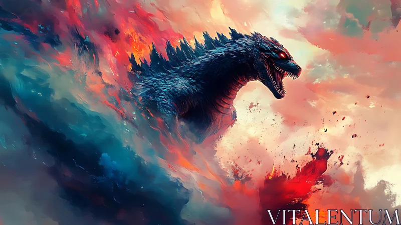 Stormborn kaiju roars through a nebula of molten sky.