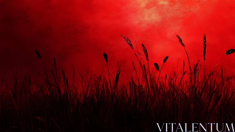Crimson horizon over silhouetted wild grass field.