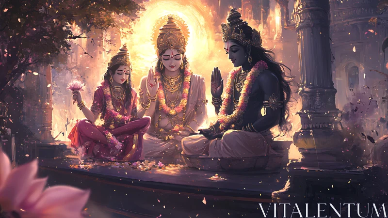 Three seated deities in garlands within temple courtyard.