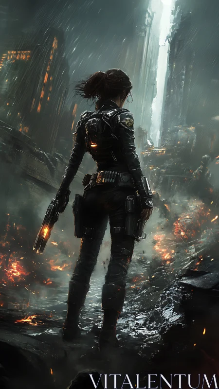 Tactical operative in burning cyber-ruins under vertical light column.