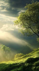 Sunlit hillside forest slopes beneath dramatic cloud layers