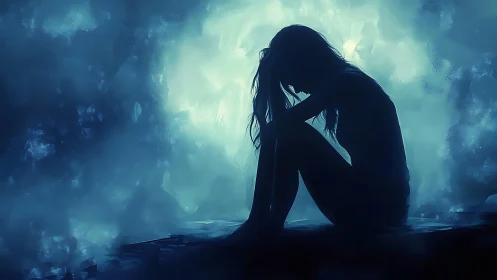 Silhouetted woman sits in solitude within cold blue haze