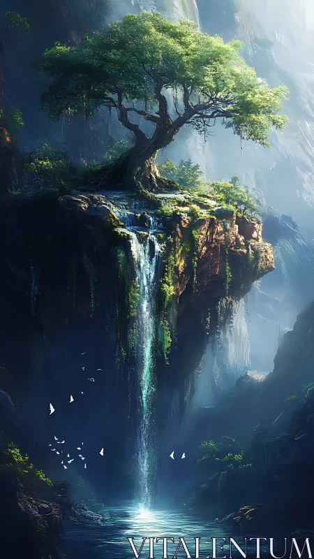 Ancient cliffside tree above luminous cascading waterfall.