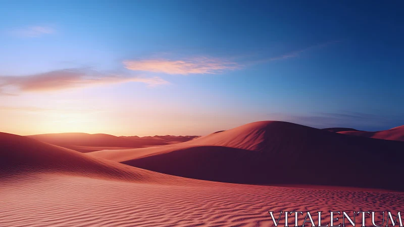 Low-angle desert dune panorama under pastel sunrise sky