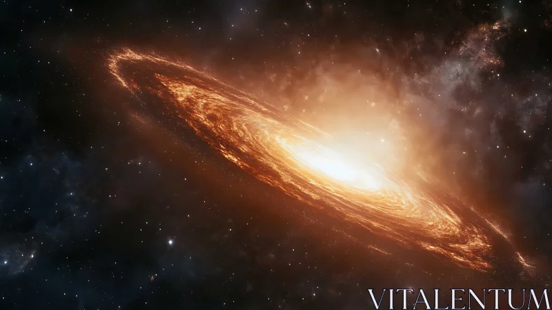 Spiral galaxy rendered with luminous orange accretion disk