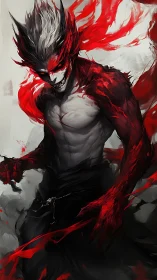 Demonic humanoid with flayed red limbs rendered in dynamic brushwork