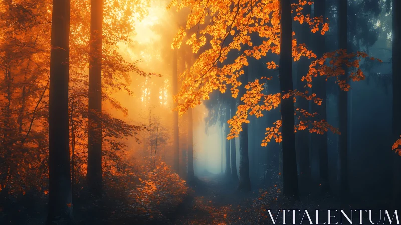 Autumnal Forest Corridor: Golden Foliage Backlighting Through Mist