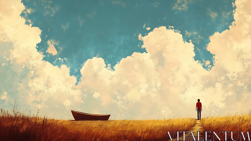 Lonely dreamer walks the dry sea toward a waiting boat