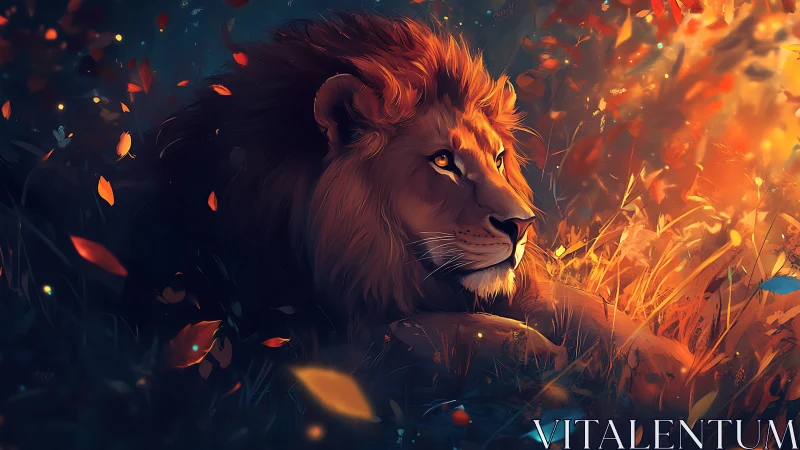 Ember-lit lion resting in a twilight storm of glowing leaves.