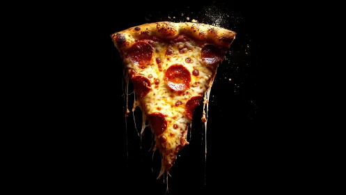 Gooey pepperoni pizza slice glowing in rich golden light.