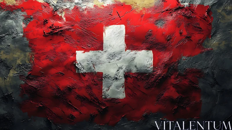 Rugged Swiss cross roaring from storm-brushed crimson paint.