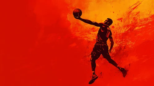 Dynamic red-orange digital illustration of leaping basketball player