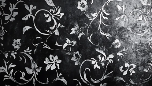 Ornate white floral vines overlay textured black ground.