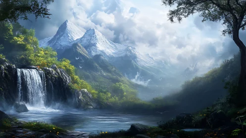 Snowy mountain range rises above forested valley waterfall