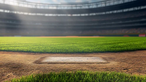 Sunlit home plate waits in a quiet, hopeful ballpark hush.