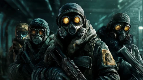Post-apocalyptic gasmask strike team in frozen tunnel environment.