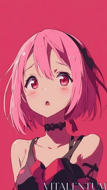 Pink-haired anime girl gazes upward in soft red light