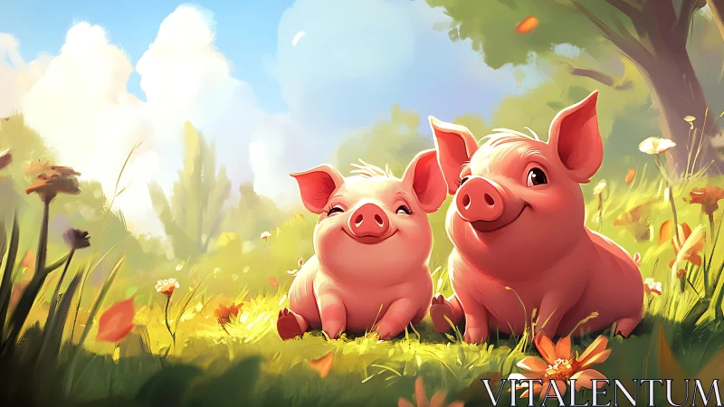 Sunlit piglet pals basking in a flower-splashed meadow.