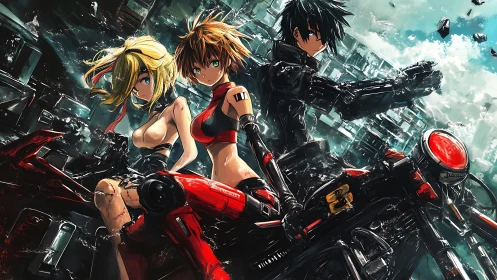 Neon street riders storm a shattered cyber skyline together.