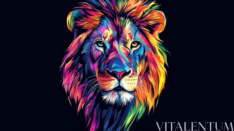 Polychromatic lion portrait with vectorized neon mane symmetry.
