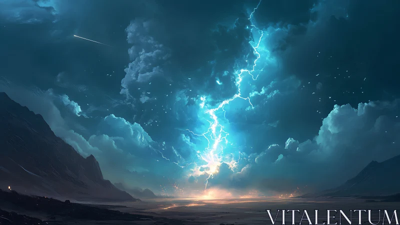 Blazing lightning splits a stormy sky above wide desert sands