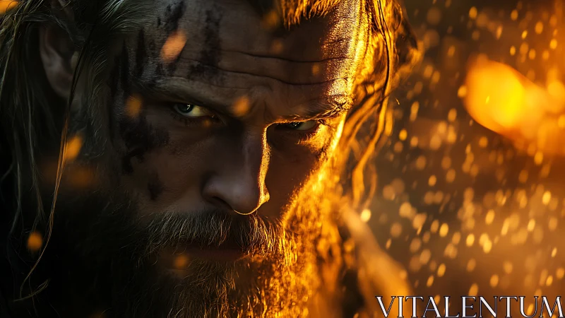 War-torn Viking warrior rendered in cinematic firelit close-up